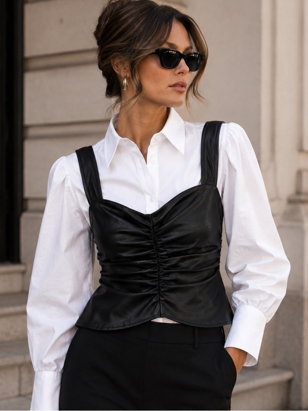 A.L.C. Black Vegan Leather Ruched Bustier Top